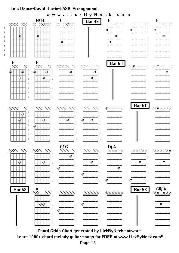 Chord Grids Chart of chord melody fingerstyle guitar song-Lets Dance-David Bowie-BASIC Arrangement,generated by LickByNeck software.